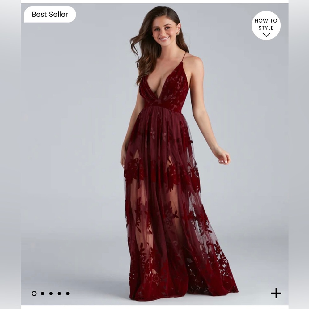 Windsor Burgundy Floral Lace Sheer Evening Gown